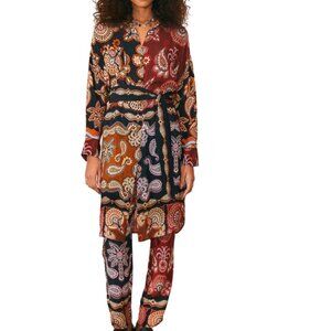 FARM RIO Belted printed crepe de chine tunic and Embellished printed pants, M